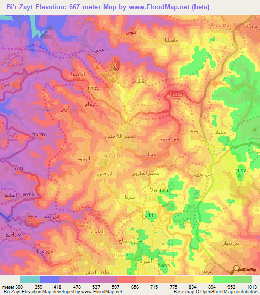 Bi'r Zayt,Palestinian Territory Elevation Map