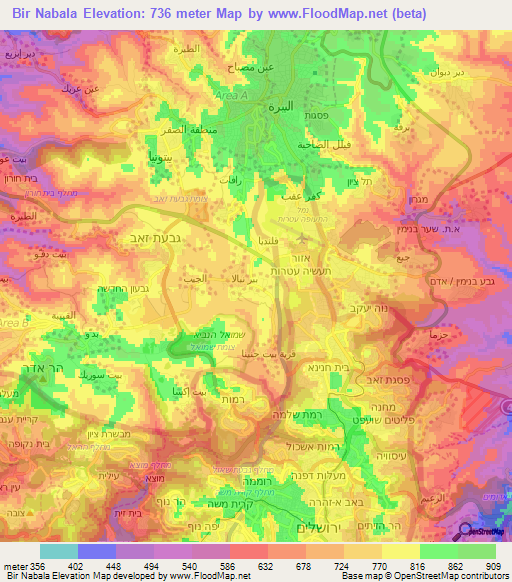 Bir Nabala,Palestinian Territory Elevation Map