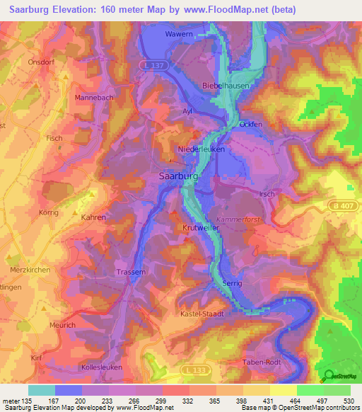 Saarburg,Germany Elevation Map