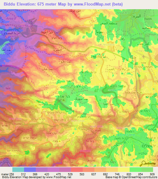 Biddu,Palestinian Territory Elevation Map