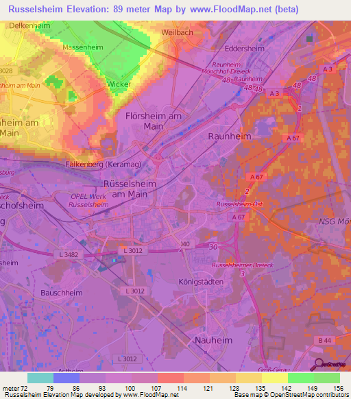 Russelsheim,Germany Elevation Map