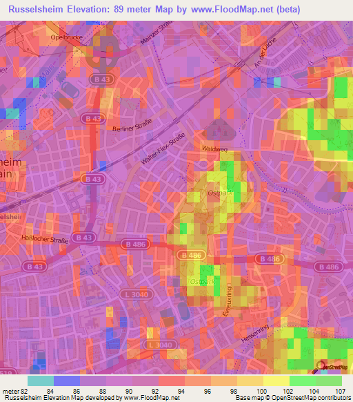 Russelsheim,Germany Elevation Map