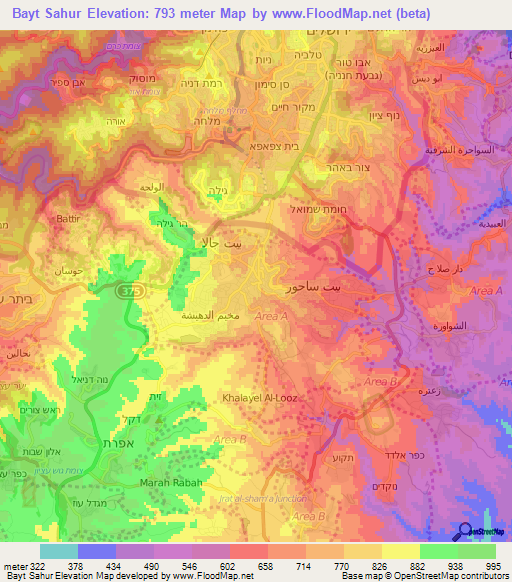 Bayt Sahur,Palestinian Territory Elevation Map