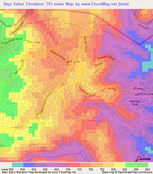 Bayt Sahur,Palestinian Territory Elevation Map