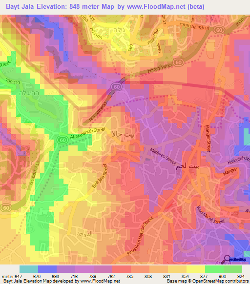 Bayt Jala,Palestinian Territory Elevation Map