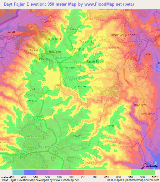 Bayt Fajjar,Palestinian Territory Elevation Map