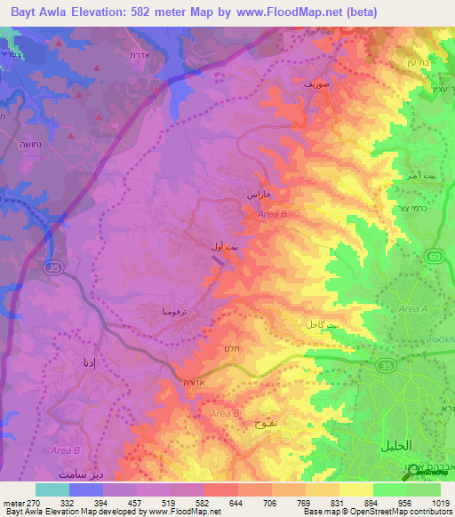 Bayt Awla,Palestinian Territory Elevation Map