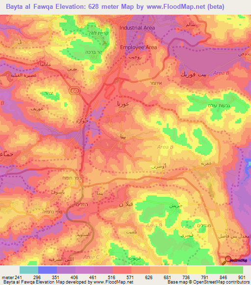 Bayta al Fawqa,Palestinian Territory Elevation Map