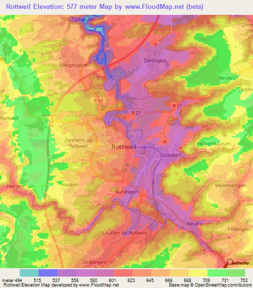 Rottweil,Germany Elevation Map