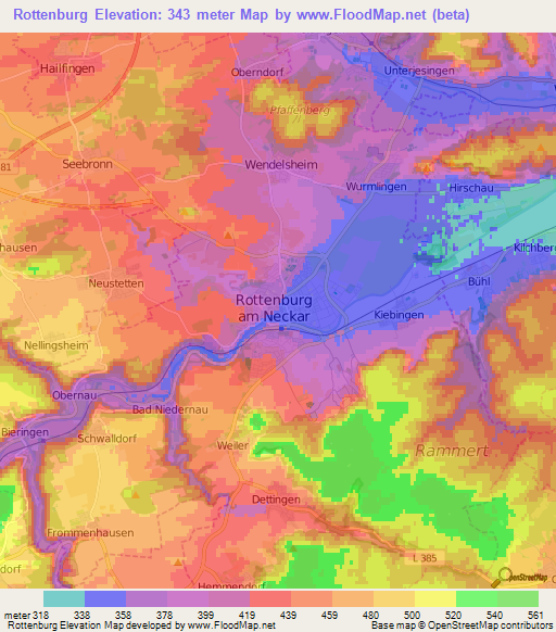 Rottenburg,Germany Elevation Map