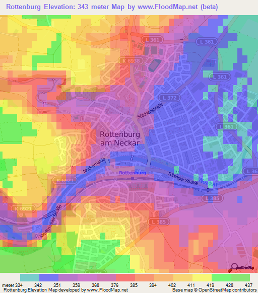 Rottenburg,Germany Elevation Map