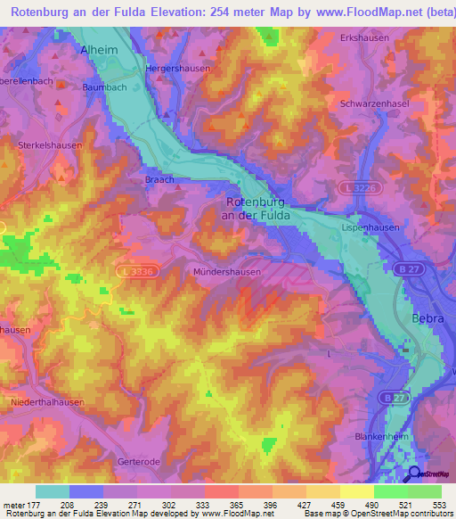 Rotenburg an der Fulda,Germany Elevation Map