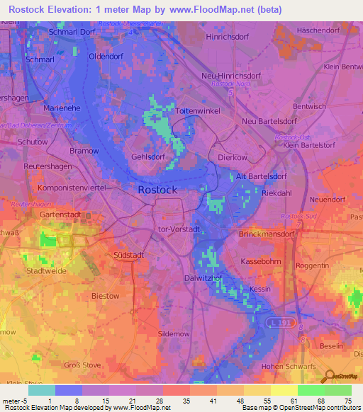 Rostock,Germany Elevation Map