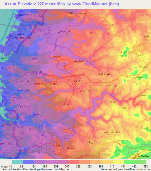 `Azzun,Palestinian Territory Elevation Map