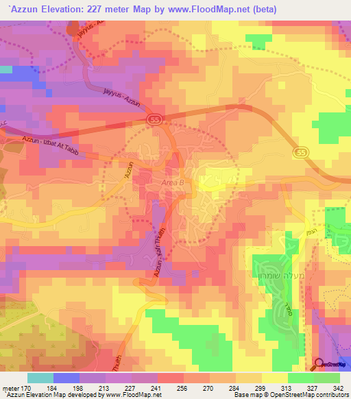 `Azzun,Palestinian Territory Elevation Map