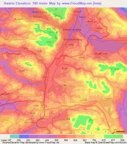 `Awarta,Palestinian Territory Elevation Map