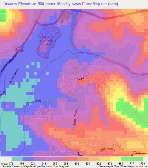 `Awarta,Palestinian Territory Elevation Map