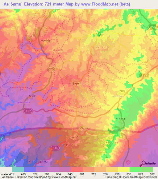 As Samu`,Palestinian Territory Elevation Map