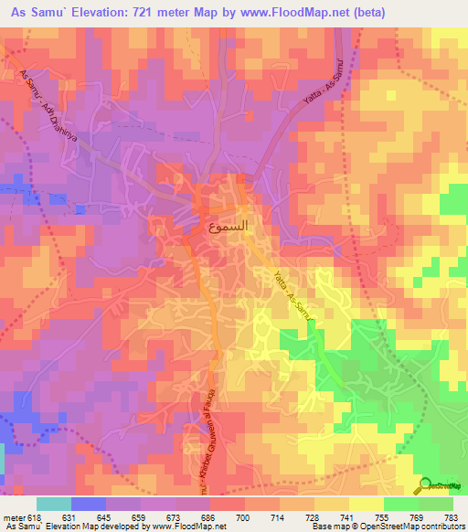 As Samu`,Palestinian Territory Elevation Map