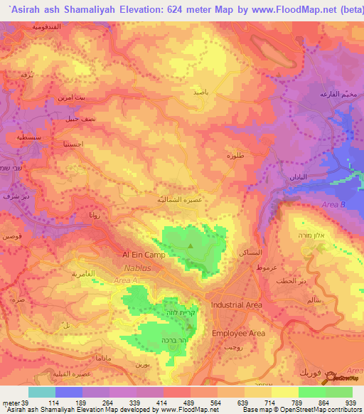 `Asirah ash Shamaliyah,Palestinian Territory Elevation Map