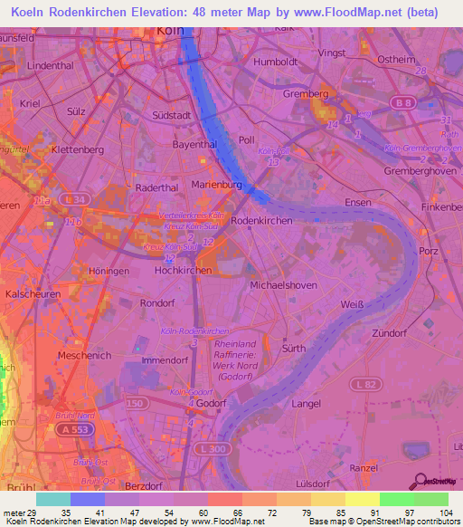 Koeln Rodenkirchen,Germany Elevation Map