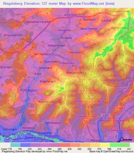 Riegelsberg,Germany Elevation Map