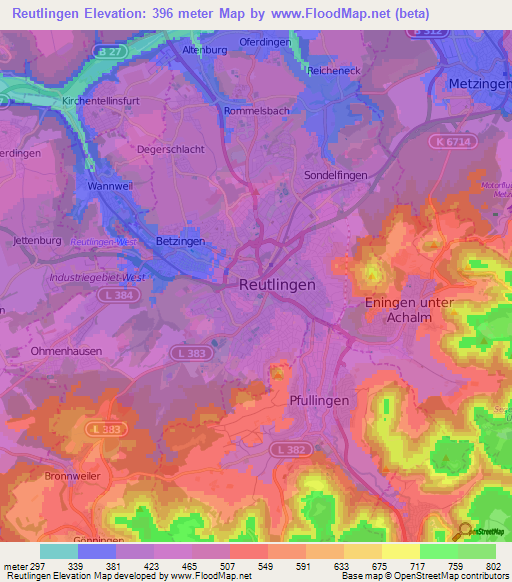 Reutlingen,Germany Elevation Map