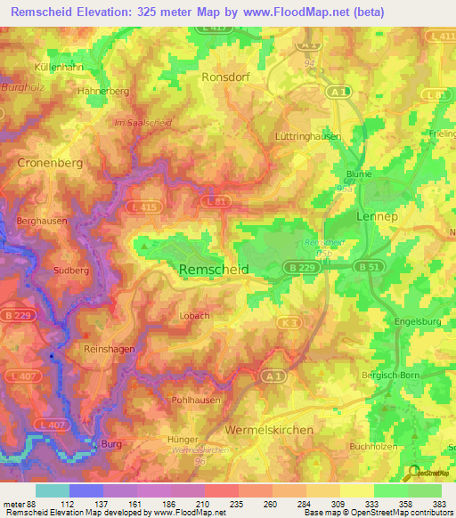 Remscheid,Germany Elevation Map