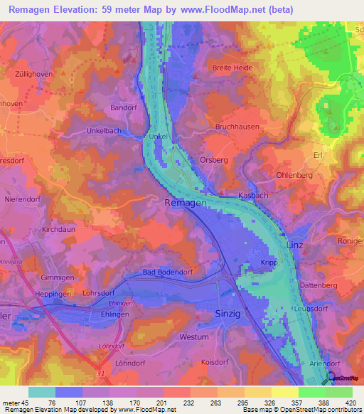 Remagen,Germany Elevation Map