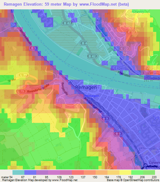 Remagen,Germany Elevation Map