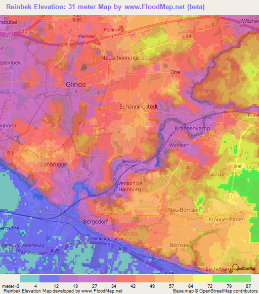 Reinbek,Germany Elevation Map