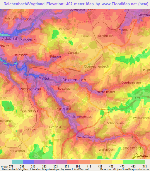 Reichenbach/Vogtland,Germany Elevation Map