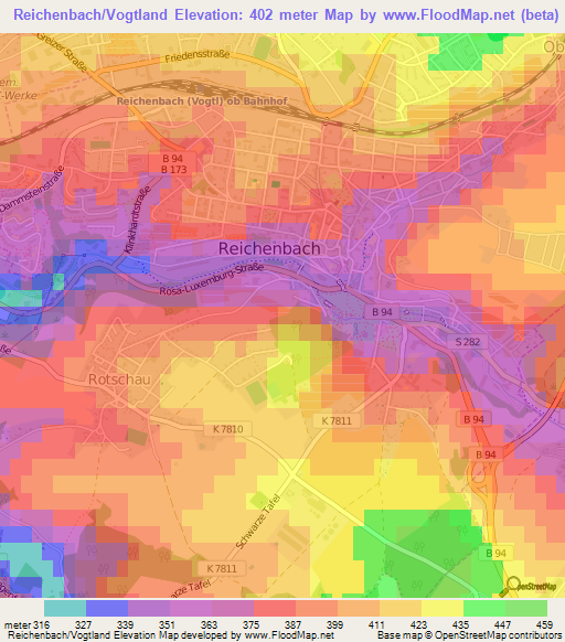 Reichenbach/Vogtland,Germany Elevation Map