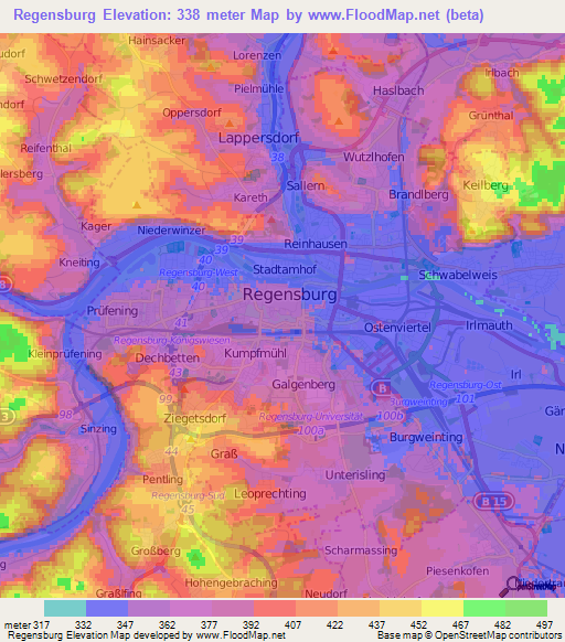 Regensburg,Germany Elevation Map