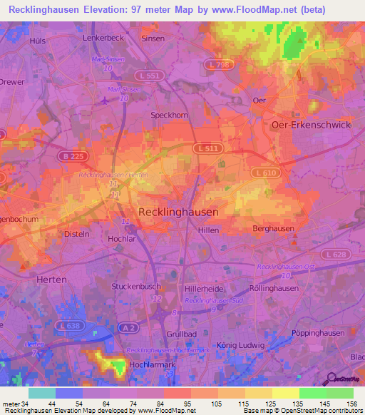 Recklinghausen,Germany Elevation Map