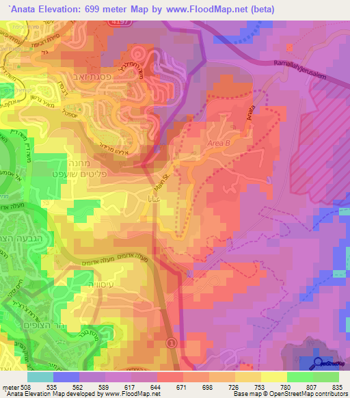 `Anata,Palestinian Territory Elevation Map