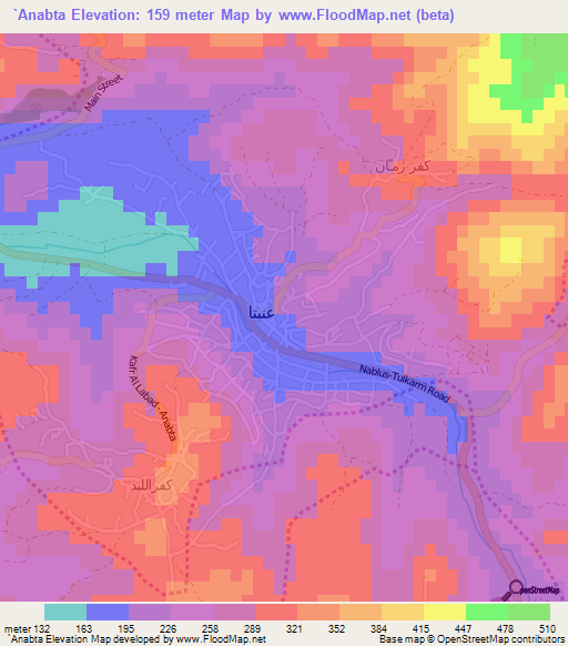 `Anabta,Palestinian Territory Elevation Map