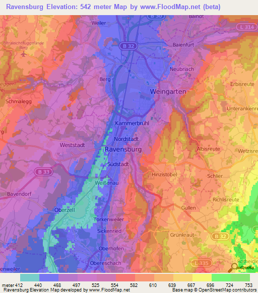 Ravensburg,Germany Elevation Map