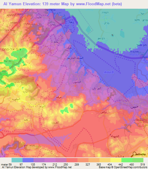 Al Yamun,Palestinian Territory Elevation Map