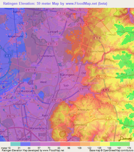 Ratingen,Germany Elevation Map