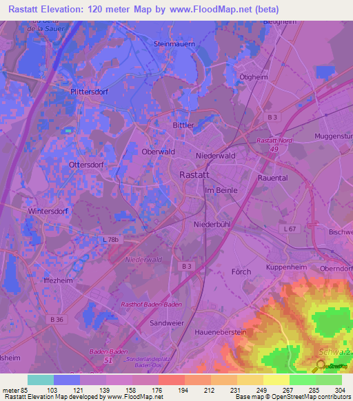 Rastatt,Germany Elevation Map
