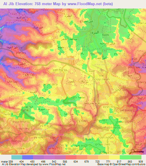 Al Jib,Palestinian Territory Elevation Map