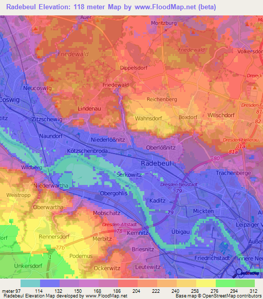 Radebeul,Germany Elevation Map