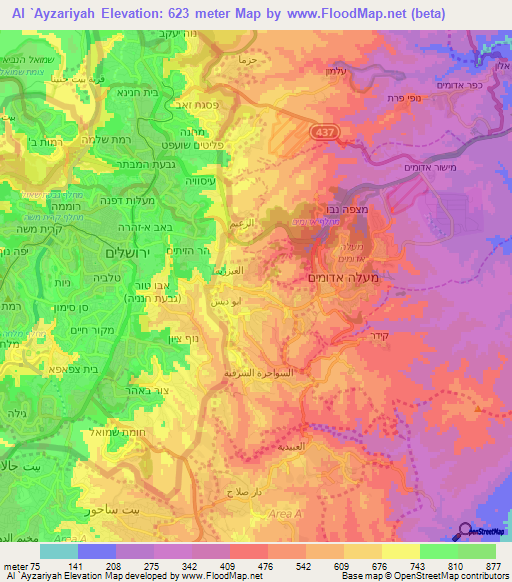 Al `Ayzariyah,Palestinian Territory Elevation Map