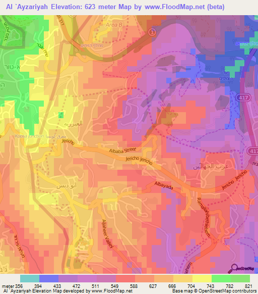 Al `Ayzariyah,Palestinian Territory Elevation Map