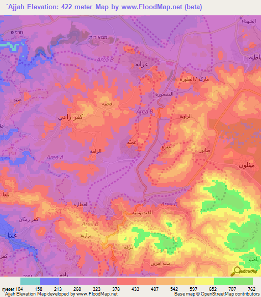 `Ajjah,Palestinian Territory Elevation Map