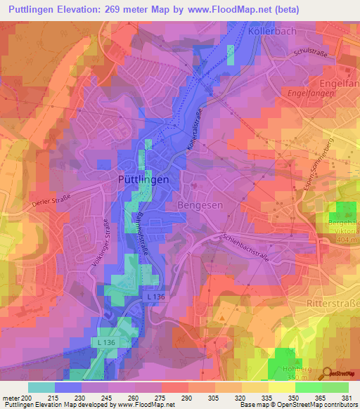 Puttlingen,Germany Elevation Map