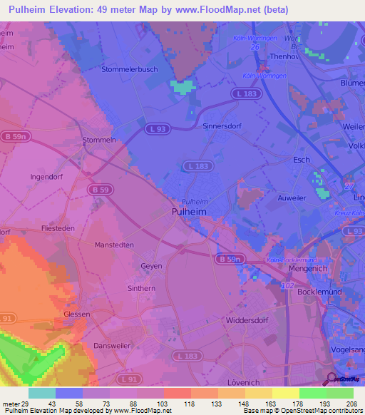 Pulheim,Germany Elevation Map
