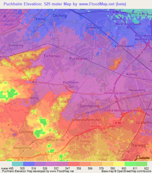 Puchheim,Germany Elevation Map