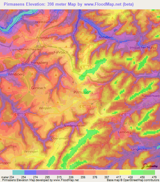 Pirmasens,Germany Elevation Map